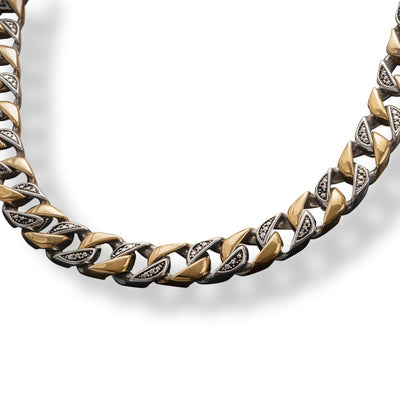 Great Portland Steel Necklace featuring a two-tone stainless steel design with intricate detailing, crafted for a refined and modern male jewelry statement.