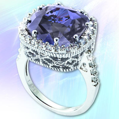 Sterling Silver Padlock Ring for female featuring a large faceted purple gemstone surrounded by small clear crystals in an elegant setting.