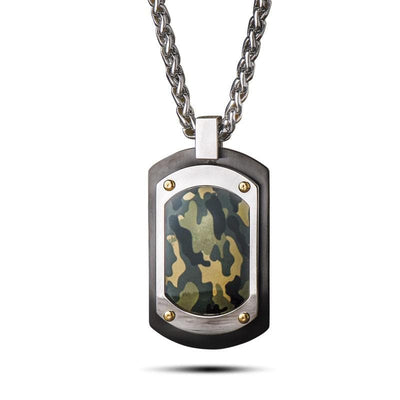 Trooper Camouflage Pendant featuring a stainless steel dog tag style design with a green and tan camouflage pattern on a thick chain necklace for men’s jewelry.