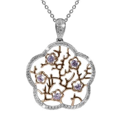 Imperial Cherry Blossom Pendant featuring a two-tone sterling silver design with intricate branches and purple gemstone blossoms, elegant necklace for females.