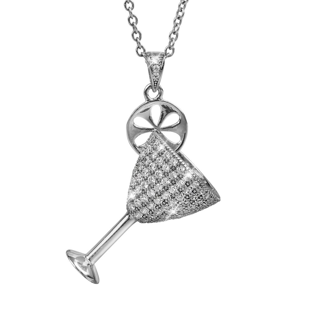 Happy Hour Rhodium Pendant featuring a sterling silver martini glass design with sparkling accents and a citrus garnish, crafted for women’s jewelry collections.