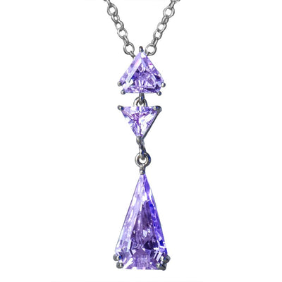 Deco Chandelier Pendant featuring three triangular lavender gemstones set in sterling silver with rhodium plating, designed for women as an elegant statement jewelry piece.