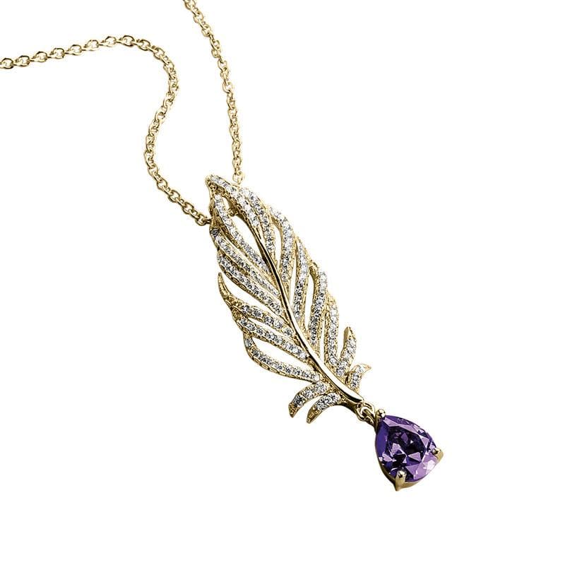 Orelia Amethyst Pendant features a delicate rhodium-plated feather design adorned with sparkling stones, suspended alongside a vibrant purple amethyst gemstone on a fine chain.