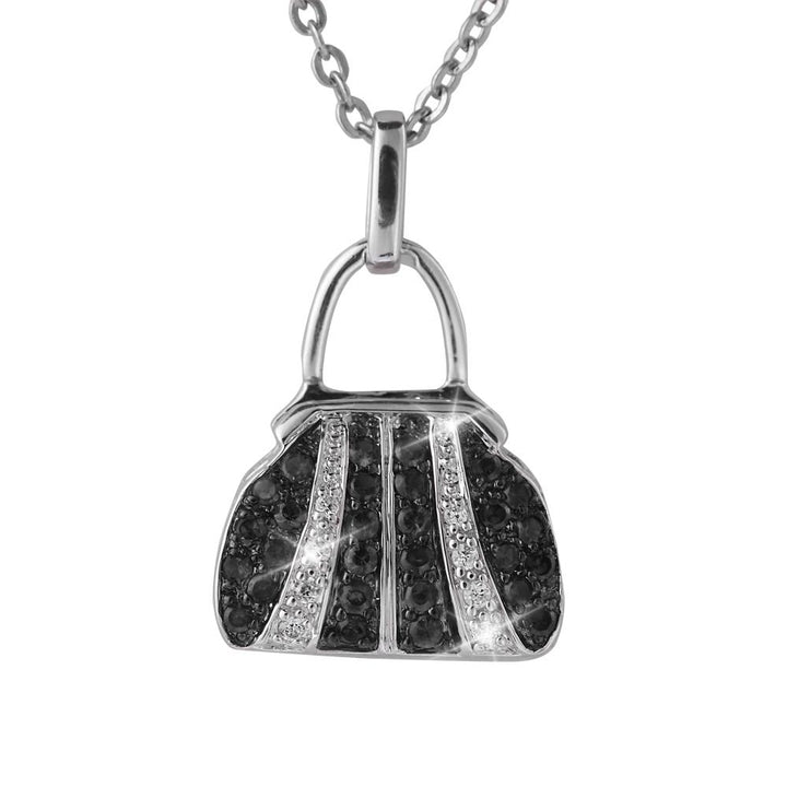 Couture Handbag Rhodium Pendants featuring a sterling silver handbag-shaped pendant with rhodium plating, accented by sparkling black and clear stones on a matching chain necklace.