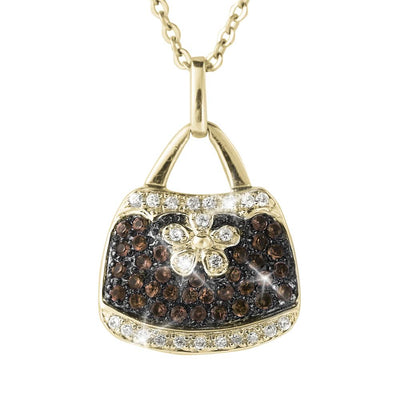 Couture Handbag Gold Pendants featuring a sterling silver handbag charm with gold plating, adorned with sparkling brown and clear stones in an elegant pendant design.