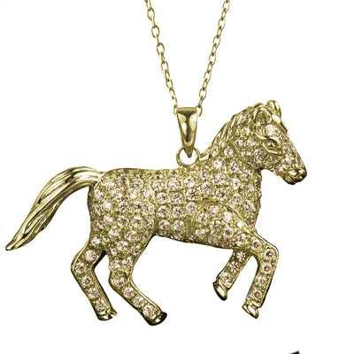 Wild Pony Gold Pendant featuring a sterling silver horse charm plated in gold, adorned with sparkling crystals, designed for female jewelry enthusiasts.