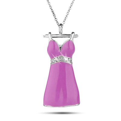 Silver necklace pendant featuring a detailed sterling silver purple dress on a hanger, designed as the Passarela Dress jewelry piece for women.