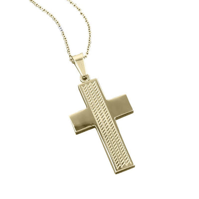 Columbus Magnetic Gold Pendant featuring a stainless steel cross design with gold plating on a delicate gold chain, crafted for men’s jewelry collections.