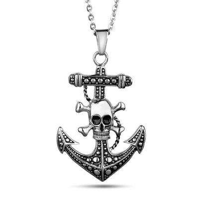 Anchors Aweigh Skull Pendant featuring a two-tone stainless steel design with intricate skull and anchor details, crafted for a bold male jewelry statement.
