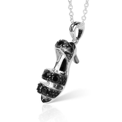 Sterling silver pendant in the shape of a high-heeled shoe with black accents, featuring rhodium plating, designed for females, Kitten Heels Black Pendant.