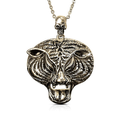 Fierce Men's Pendant in gold plated stainless steel featuring a detailed tiger face design with a skull-shaped bail on a matching chain, a bold statement jewelry piece for men.