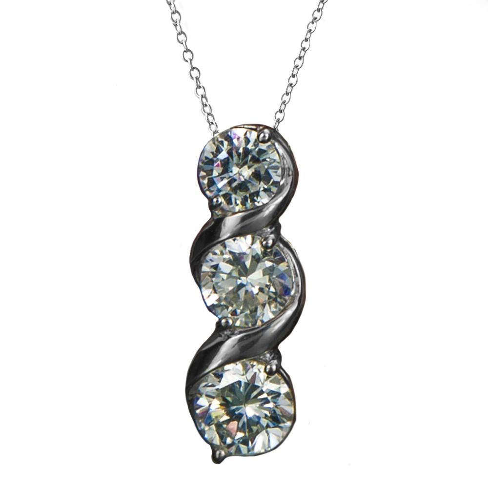Solitaire Twist Pendant featuring three sparkling round stones set in sterling silver with rhodium plating, designed for women, on a delicate chain necklace.