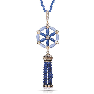 Marina Pendant featuring a sterling silver gold-plated intricate circular design with blue enamel and crystal accents, complemented by blue beaded tassels, elegant jewelry for women.