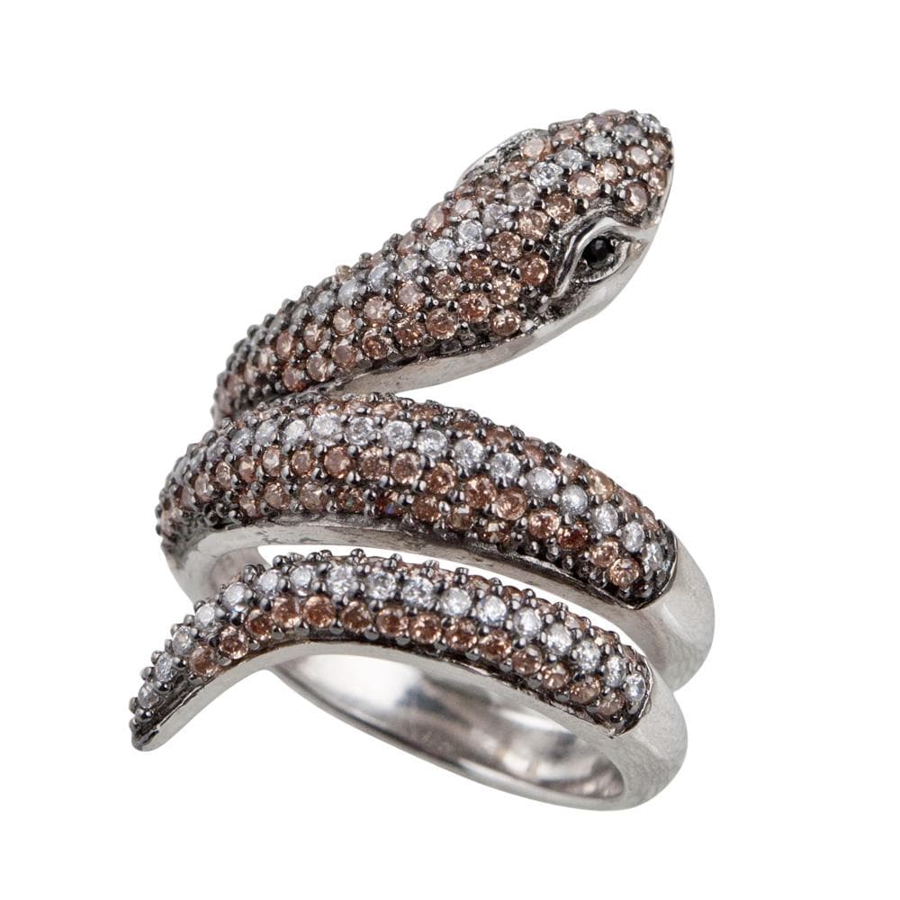 Serpent Ring crafted from sterling silver with rhodium plating, featuring a coiled snake design encrusted with white and brown stones, designed for female jewelry enthusiasts.