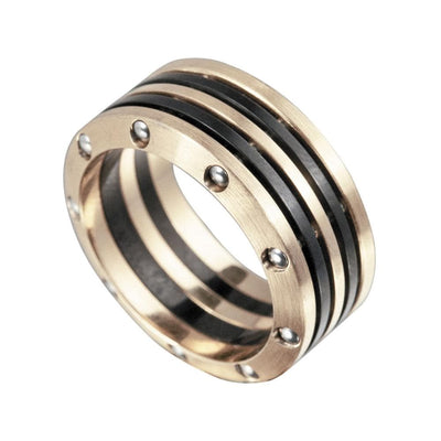 Men's Evolution Ring crafted from stainless steel with a two-tone plating featuring black accents and polished rivet details, designed for a modern male style.