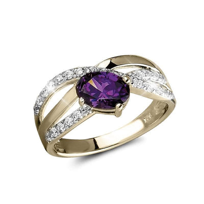Ladies' Carolina Ring featuring a gold-plated sterling silver band with a central oval purple gemstone and sparkling clear accent stones, elegant jewelry for women.
