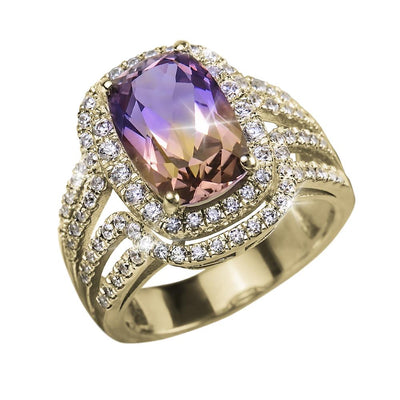 Ametrine Ring featuring a large ametrine gemstone set in sterling silver with gold plating, surrounded by sparkling diamonds, designed for women’s jewelry.