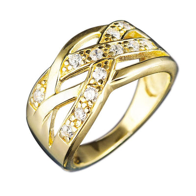 Gold Allure Ring featuring an elegant sterling silver base plated in gold, designed for women, with intricate crisscross patterns embellished with sparkling stones for a refined jewelry look.