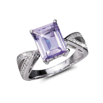Royal Amethyst Ring featuring a rectangular amethyst gemstone set in sterling silver with rhodium plating, designed for women’s elegant jewelry collections.