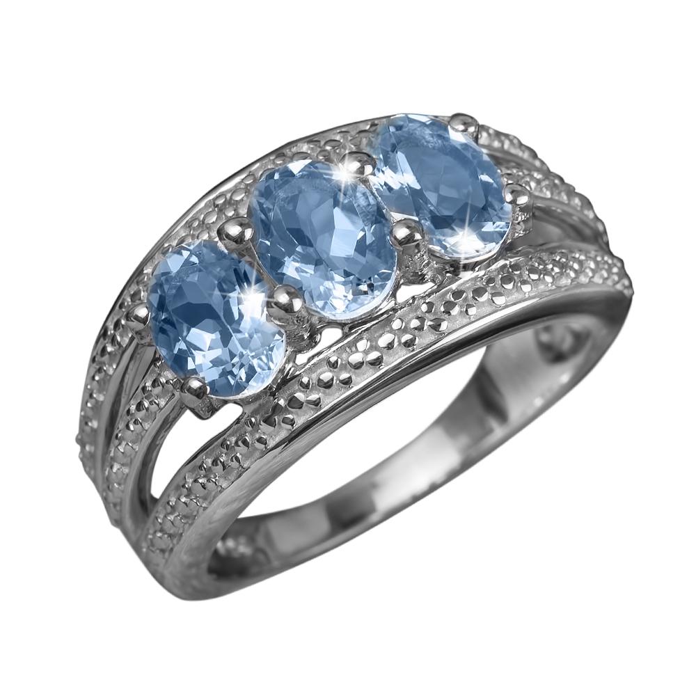 Blue Aqua Ring featuring three sparkling blue stones set in sterling silver with rhodium plating, designed elegantly for female jewelry lovers.
