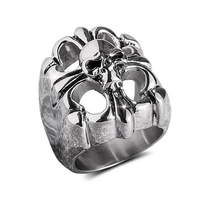 Steel Skull Arena Ring crafted from stainless steel featuring a bold skull and intricate design, a striking men's jewelry statement piece.