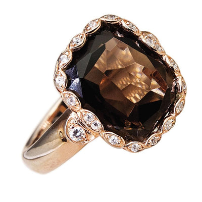 Athena Smokey Quartz Ring featuring a large faceted smokey quartz center stone set in sterling silver with rose gold plating and accented with small sparkling crystals designed for women’s jewelry.