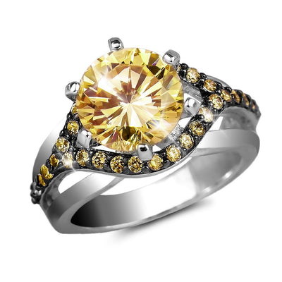Cafe Mocha Ring featuring a two-tone sterling silver band with a large round yellow gemstone center and smaller matching yellow stones encrusted along the setting for women.