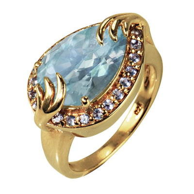 Aqua Pear Ring featuring a large pear-shaped aqua gemstone set in sterling silver with gold plating, accented by small sparkling stones in a sophisticated jewelry design for women.