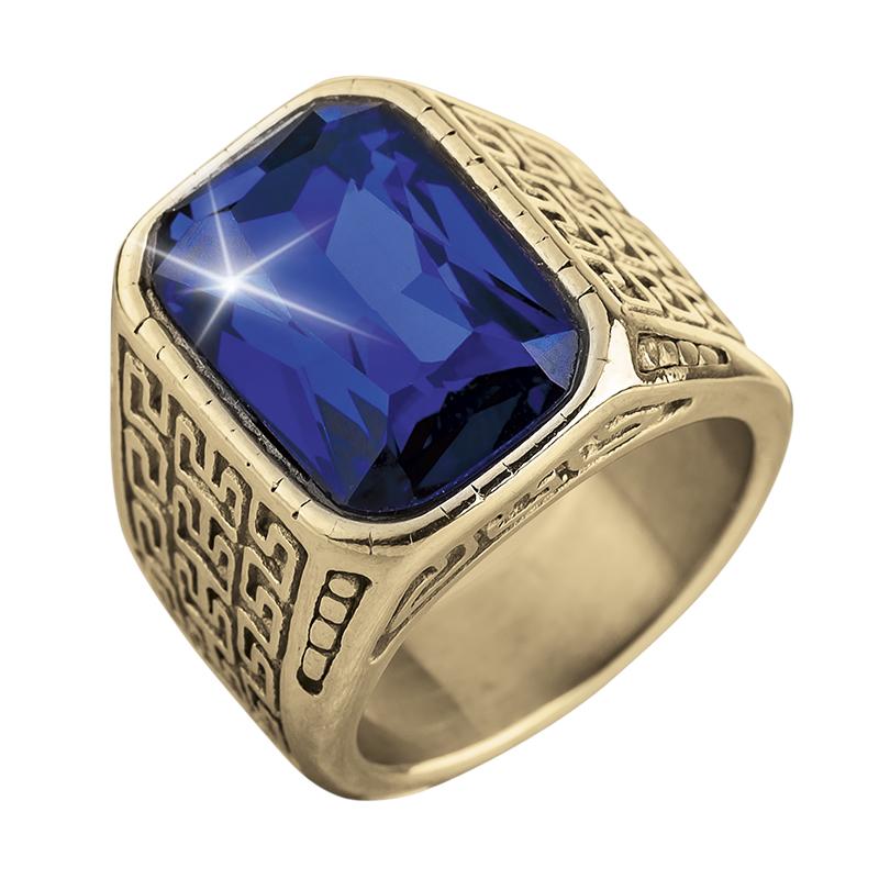 Blue Knight Ring featuring a large rectangular deep blue gemstone set in gold-plated stainless steel with intricate geometric detailing, designed for men’s jewelry.
