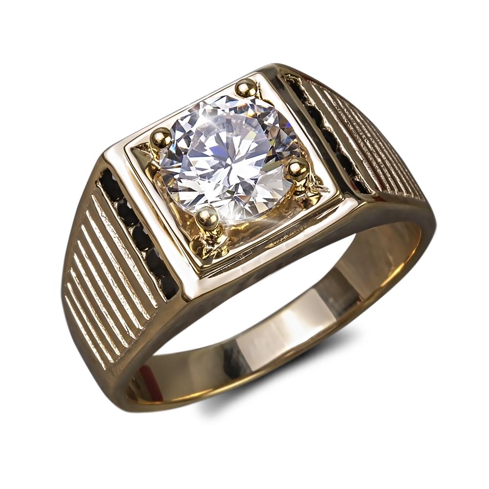 Malone Men's Ring featuring a gold plated sterling silver band with a large round clear stone centerpiece and textured sides, a stylish men's jewelry ring.