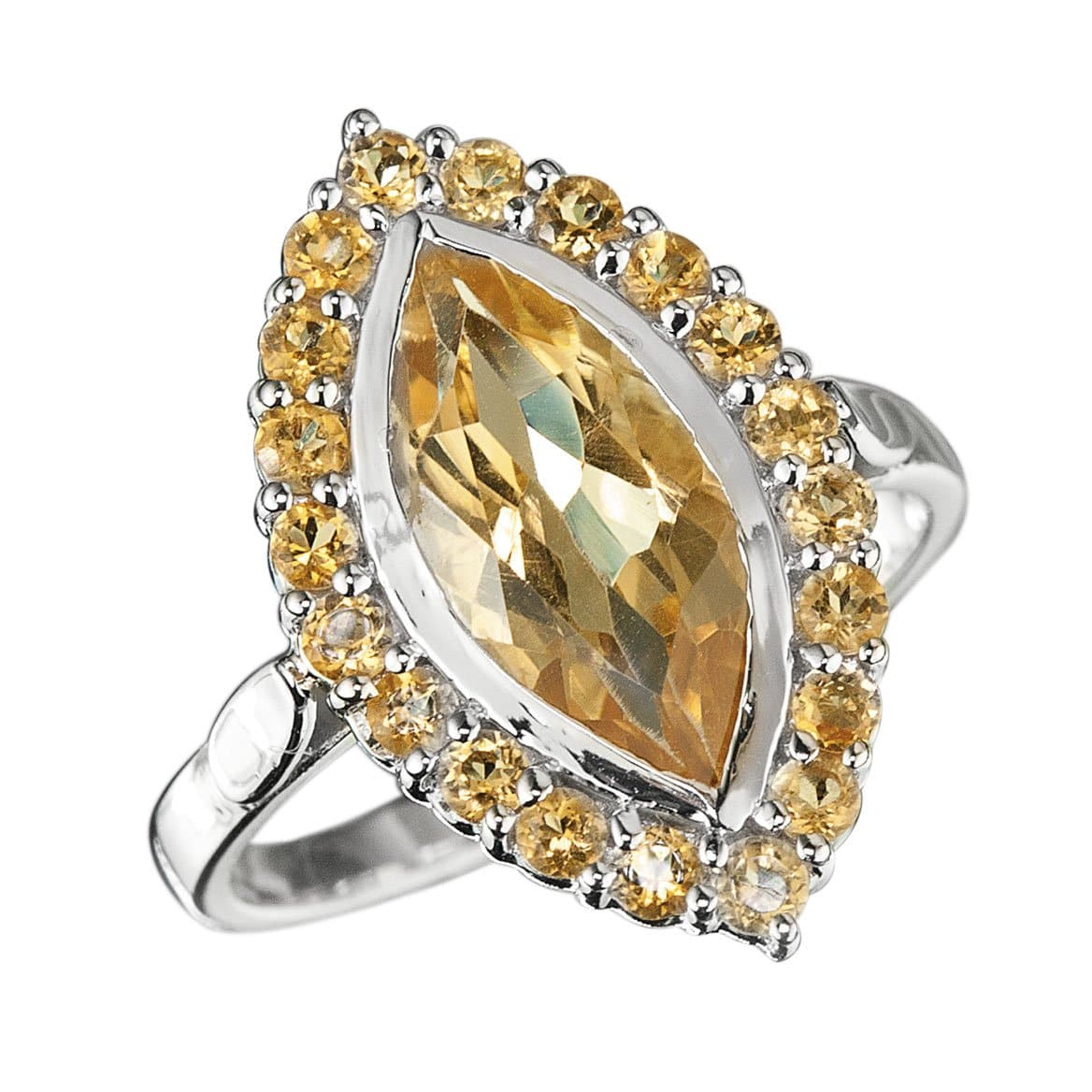 Citrine Solaris Ring featuring a marquise-cut citrine center stone surrounded by smaller round citrines, set in sterling silver for a dazzling jewelry statement.