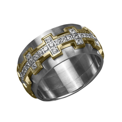 Signature Men's Ring featuring a two-tone stainless steel design with interlocking crosses adorned with sparkling stones, combining modern style and elegance for men’s jewelry.