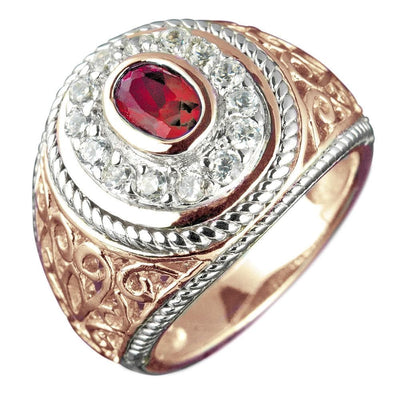 College League Red Stone Ring featuring an oval red stone centerpiece surrounded by clear stones, set on a two-tone sterling silver band with intricate detailing for men’s jewelry.