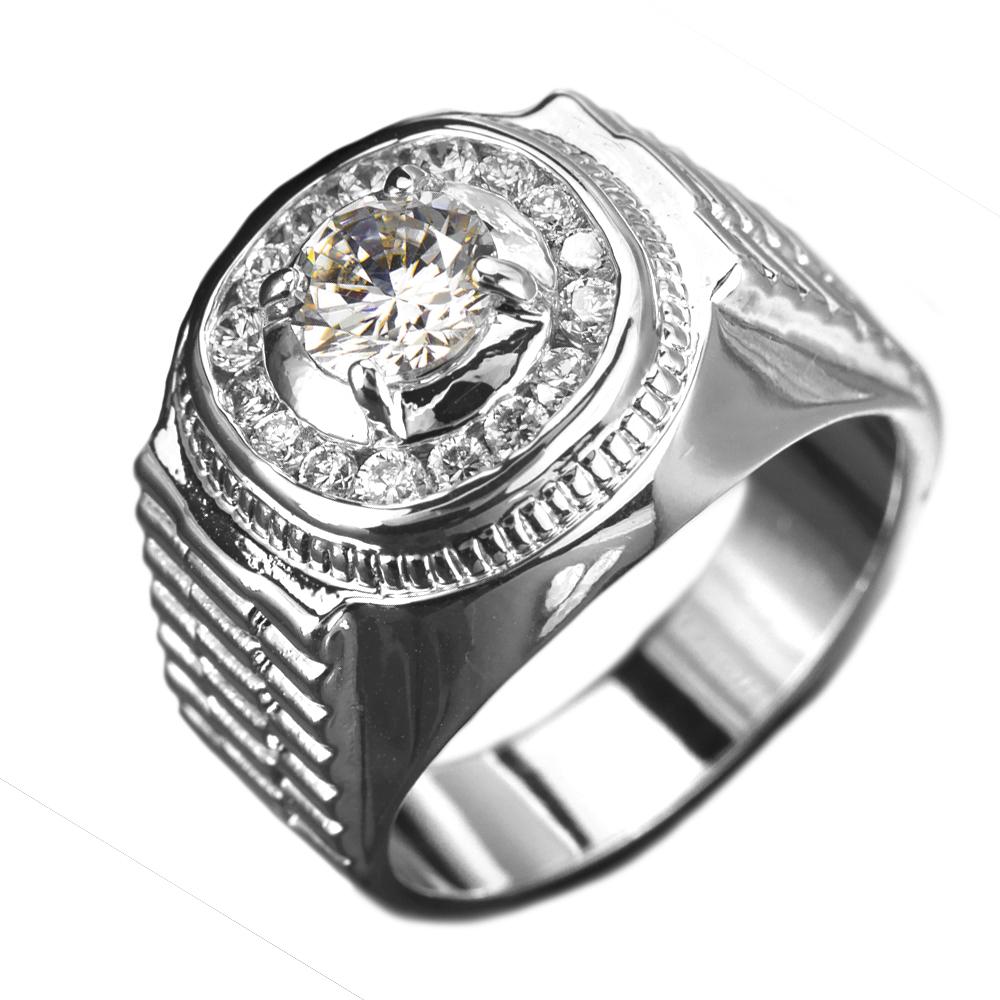 Close-up of a sterling silver Penninsula Men's Platinum Ring featuring a round center diamond surrounded by smaller diamonds in an elegant design for men’s jewelry.