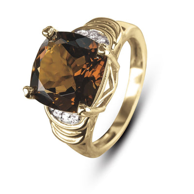 Cognac Quartz Ring featuring a large cognac quartz stone set in gold plated sterling silver with diamond accents, designed for men’s jewelry.