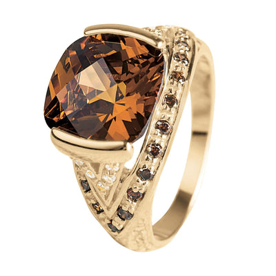 Sienna Coffee Ring featuring a large, faceted coffee-colored gemstone set in sterling silver with gold plating, designed for female jewelry lovers.