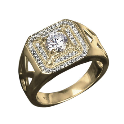 Nevada Men's Ring in sterling silver with gold plating featuring a central round clear stone surrounded by two rows of smaller sparkling stones on a wide band with cut-out details.