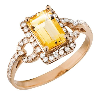 Prosperity Ring featuring a sterling silver band with rose gold plating, adorned with a rectangular yellow gemstone center and surrounded by sparkling clear stones, designed for women.