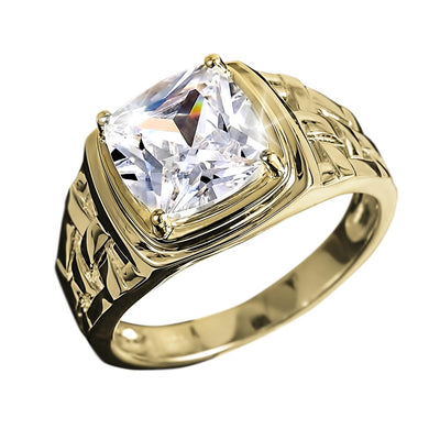 Calvary Men's Ring crafted from sterling silver with gold plating, featuring a large, square-cut clear gemstone and intricate detailing on the band.