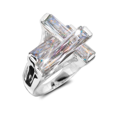 Contemporary Cross Ring Clear showcasing a sterling silver band with rhodium plating, featuring a clear cross-shaped gemstone design for a sophisticated female jewelry statement.