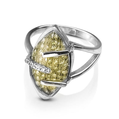 Captured Ring featuring a marquise-shaped yellow gemstone set in sterling silver with rhodium plating, accented by small sparkling stones, designed for female jewelry collectors.