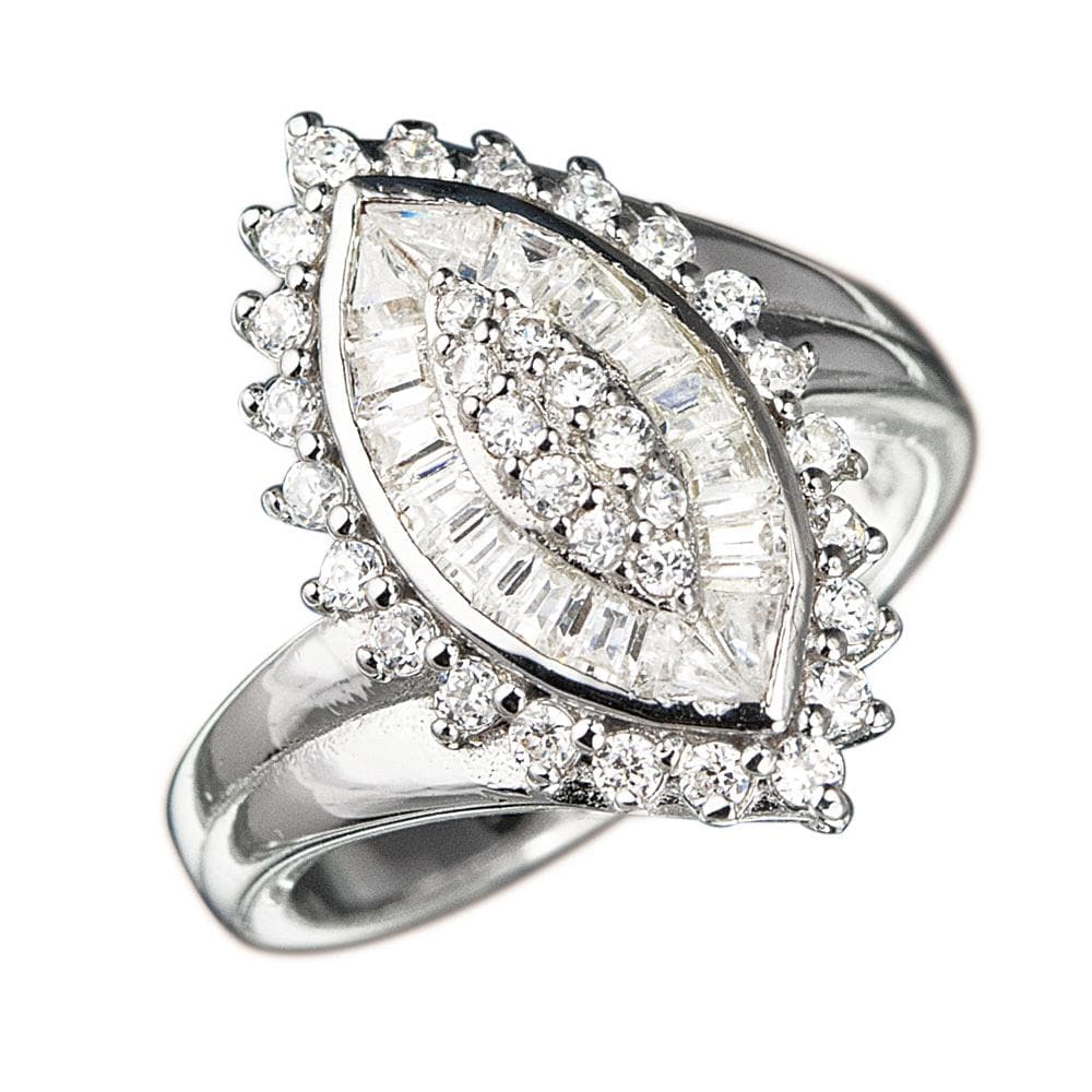 Daria Marquise Ring in sterling silver with rhodium plating, featuring a marquise-shaped design encrusted with sparkling clear stones, elegant jewelry for women.