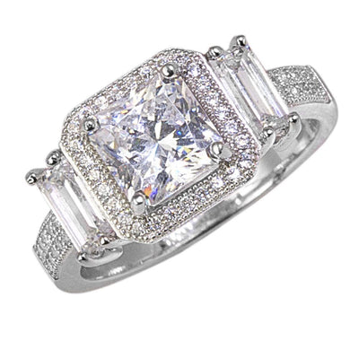 Park Lane Ring featuring a sterling silver band plated with rhodium and adorned with a large square-cut center stone surrounded by smaller sparkling stones, designed for females.