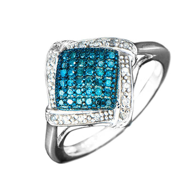 Diamonds & Denim Ring featuring sterling silver, two-tone plating, with a square cluster of blue and clear stones, designed for women’s jewelry collections.