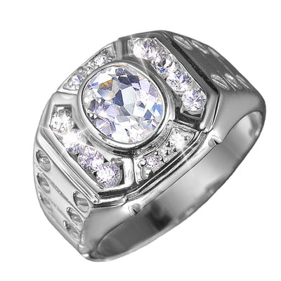 Treviso Rhodium Men's Ring crafted in sterling silver with rhodium plating, featuring a large central clear gemstone surrounded by smaller accent stones for a bold look.