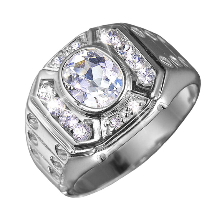 Treviso Rhodium Men's Ring crafted in sterling silver with rhodium plating, featuring a large central clear gemstone surrounded by smaller accent stones for a bold look.