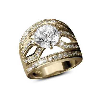 Malaga Golden Ring in sterling silver with gold plating, featuring a large central sparkling gemstone surrounded by smaller clear stones for an elegant female jewelry piece.