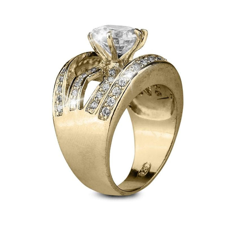 Malaga Golden Ring crafted in sterling silver with gold plating, featuring a large central clear gemstone and rows of smaller sparkling stones, designed for women’s jewelry.