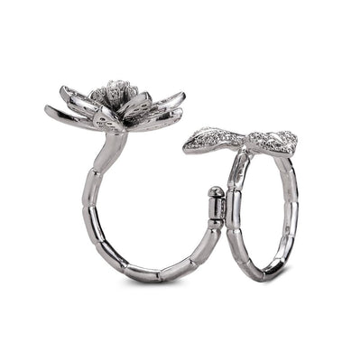 Flora Duo Ring crafted in sterling silver with rhodium plating, featuring a delicate floral design ideal for female jewelry collectors seeking elegant rings.