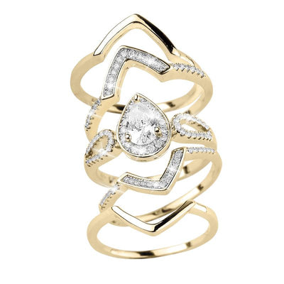 Laurel Quintet Ring featuring a gold-plated sterling silver design with geometric shapes and a pear-shaped clear gemstone centerpiece, a sophisticated jewelry piece for female wearers.